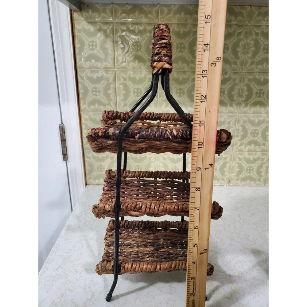 Black Wrought Iron and Woven Brown Rattan 3 Tiered Wine Rack - Holds 3 Bottles